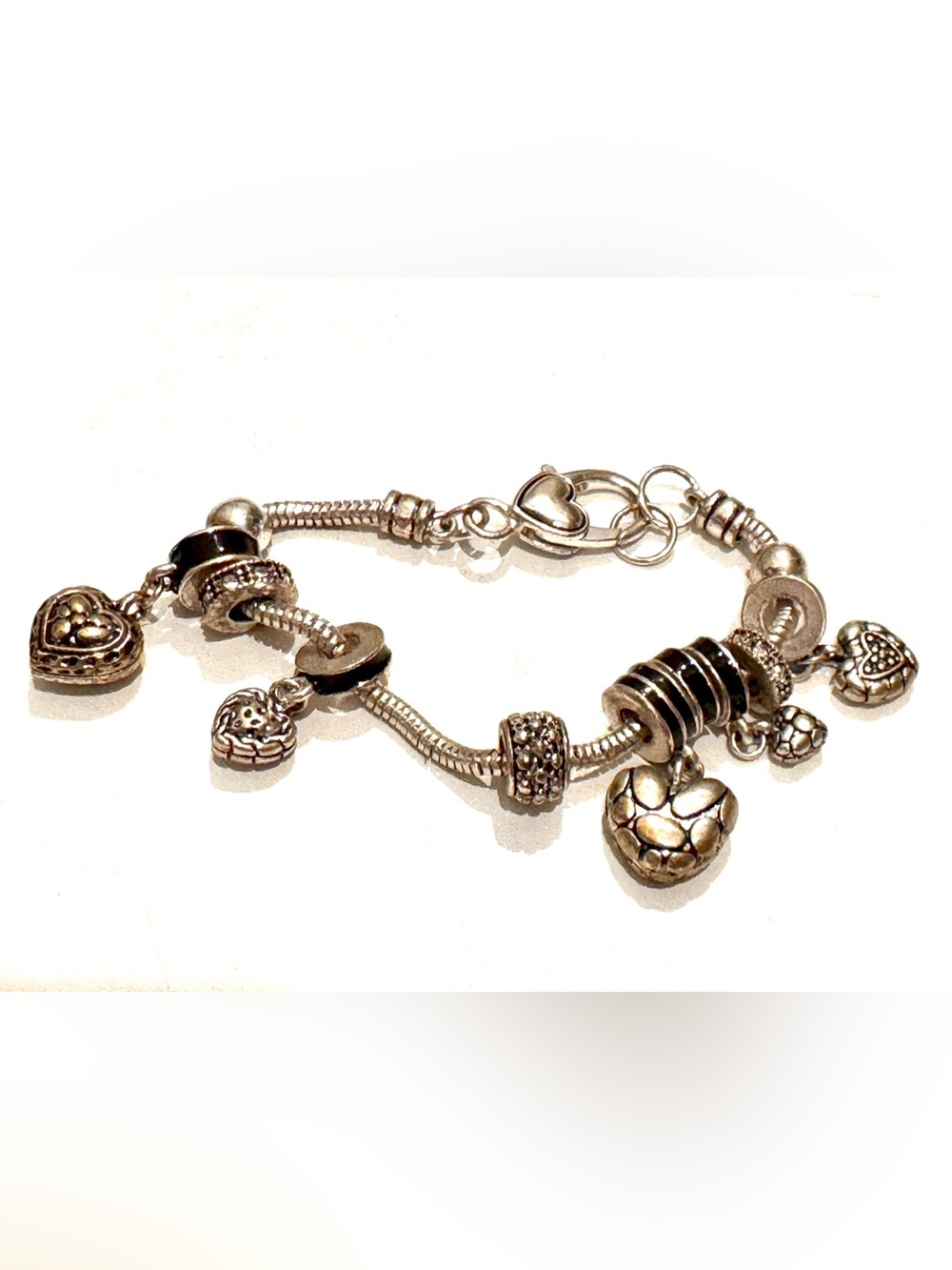 Vintage  Heart Dangle Charms Rhinestone Black Enamel Silver Bracelet